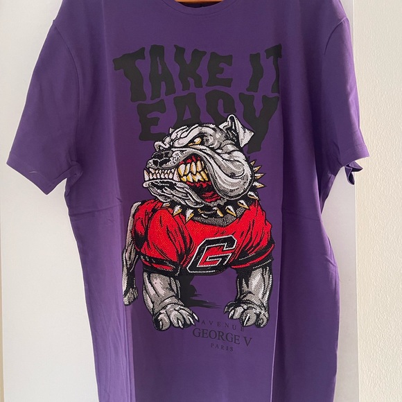 Avenue George V Paris Men's purple T-Shirt Crystal rhinestone bulldog fitted tee - Picture 8 of 8